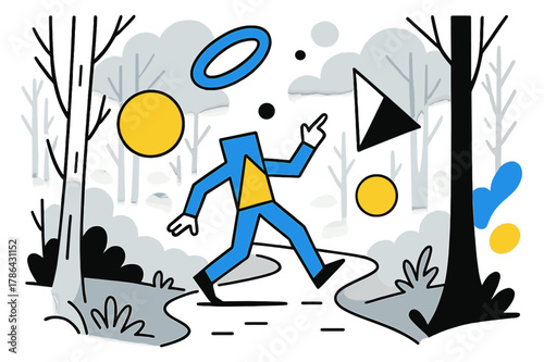 Geometric Shapes in Forest. Silent Forest. Misty forest path with floating abstract geometric shapes and soft light accents, contemplative and calm atmosphere.