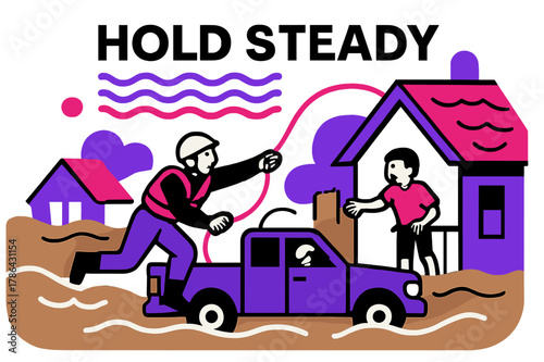 Flood Rescue Effort. River Flood Pickup. Brown water curls around rooftops; a rescuer reaches for a child on a porch as a safety line arcs. ?HOLD?STEADY?