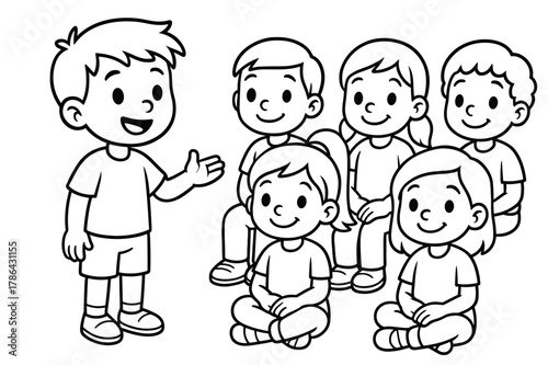 Kids Listening Coloring Page. Audience listening skills children?s coloring book illustration, outlined drawing, a group of kids sitting quietly with happy