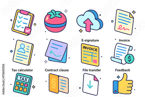 Gig Tools Icons. Gig worker tools. Colorful isometric vector icons set of Gig worker tools: to-do checklist, pomodoro timer, cloud storage, e-signature,