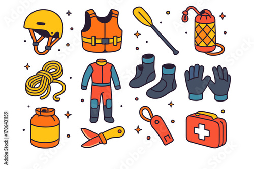 Whitewater Gear Icons. Whitewater gear essentials. Colorful isometric vector icons set of Whitewater gear essentials: rafting helmet, PFD life jacket, carbon