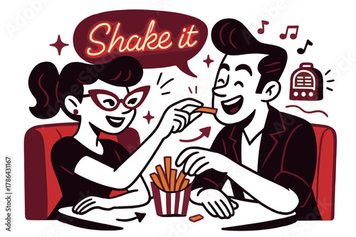 1950s Diner Romance. 1950s diner date. They share fries at a red booth while a tiny jukebox icon hums notes; ?Shake it? shines in neon script. Cat-eye glasses