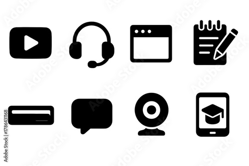 Online Learning Icons. Online learning. Filled icon set of online learning: video play button, headset,
