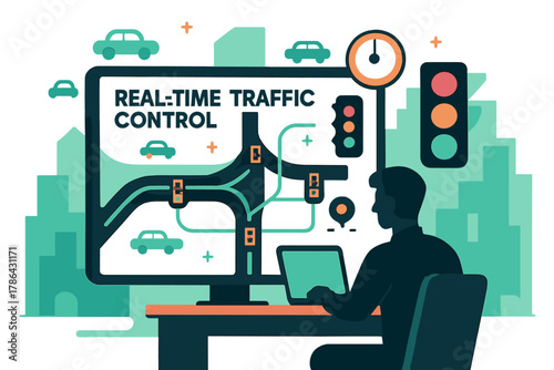 Traffic Control Dashboard. Real-Time Traffic Control. A traffic center dashboard monitors intersections;
