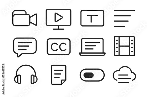 Video Transcription Icons. Video transcription. Line outline icon set of video transcription: video camera,