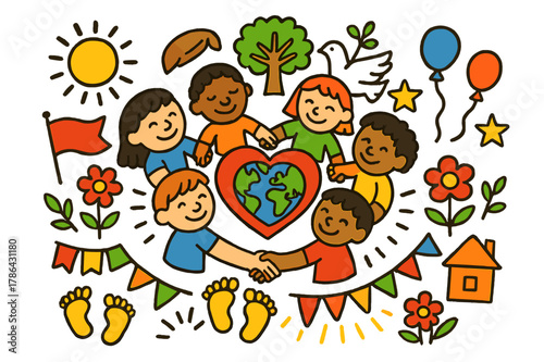 Community Unity Doodle. Sunset Coast ? 70s Poster; lettering: funky curved fonts; composition: wavy stacked; effects: warm gradients, concentric circles;