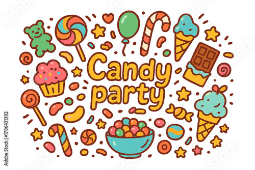 Candy Celebration Extravaganza. Candy party. Hand-drawn doodle illustration of Candy party. Lollipops, gummy
