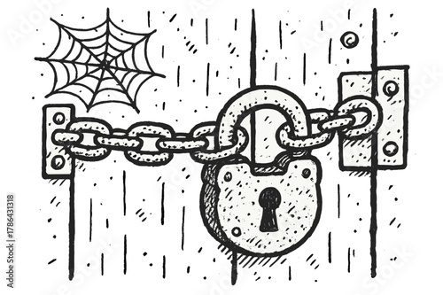 Rusty Padlock Doodle. Padlock and Chain. Hand-drawn doodle illustration Padlock and Chain rusty padlock, metal chain, key, door, hinges, latch, scratches,