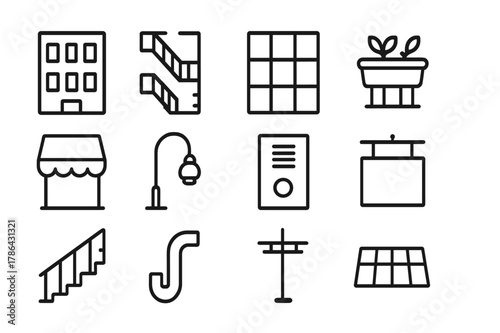 Urban Facade Icons. Urban Facades. Line icon set of Urban Facades: apartment exterior, fire escape, city window grid, balcony planter, awning, street light,