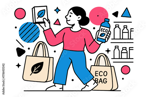 Eco-Friendly Shopping. Eco-Friendly Shopping Hauls. Person comparing eco-friendly products in a store with floating abstract geometric shapes and reusable