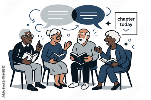 Lively Book Club. Elderly ? Book Club. A semicircle of chairs with seniors holding books; speech bubbles weave in a calm loop. Minimal poster on the wall: