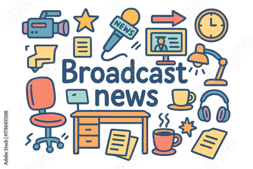 Broadcast News Icons. Broadcast news. Hand-drawn doodle illustration of broadcast news. Camera, microphone,