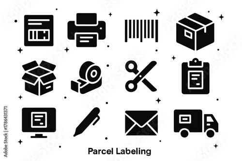 Parcel Labeling Icons. Parcel Labeling. Solid icons set of Parcel Labeling: shipping label, printer, barcode, package, box, tape dispenser, scissors,