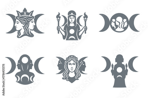 Mythical Deity Emblems. Ancient gods and goddesses in a mystical landscape. Set Logo of Ancient gods and goddesses in a mystical landscape: Hecate triple moon.