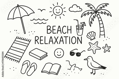Beach Doodle Relaxation. Beach relaxation. Hand-drawn doodle illustration beach relaxation umbrella, towel, waves, palm tree, sun, seashell, drink, sunglasses,