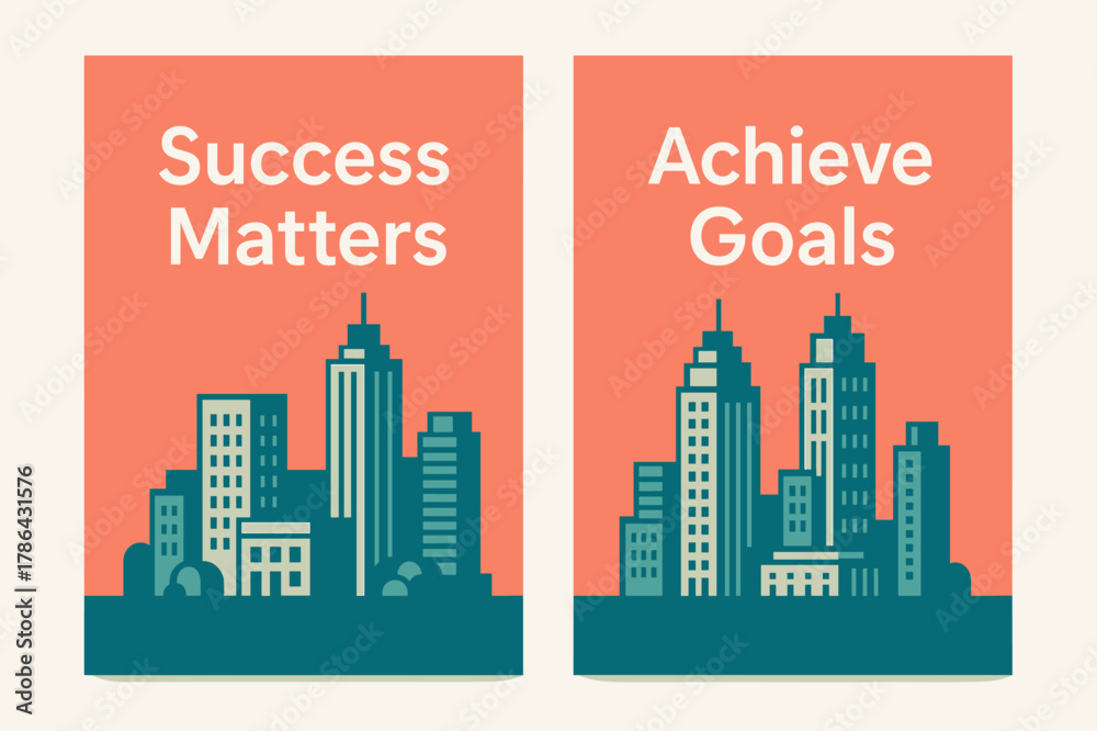 Naklejka premium Success and Goals Banners. # IMPORTANT. Two vertical A6 banners with safe margins, centered composition, no elements touching edges, modern, coral and teal,