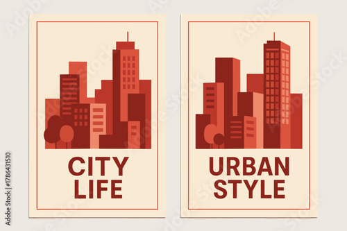 Modern City Banners. MODERN. Two vertical A6 banners with safe margins, centered composition, no elements touching edges, modern, red and beige, cityscapes,