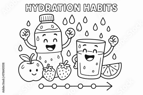 Happy Hydration Coloring Page. Hydration habits children?s coloring book illustration, outlined drawing, a happy water bottle and glass cheering beside fruits
