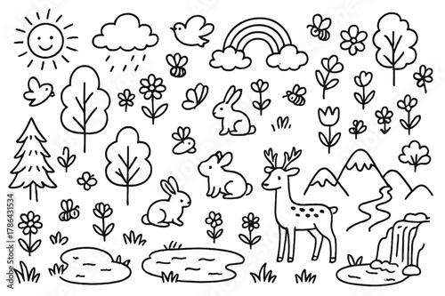 Nature Doodle Illustration. Nature. Hand-drawn doodle illustration Nature trees, flowers, birds, bees, butterflies, rabbits, deer, mountains, rivers, lakes,
