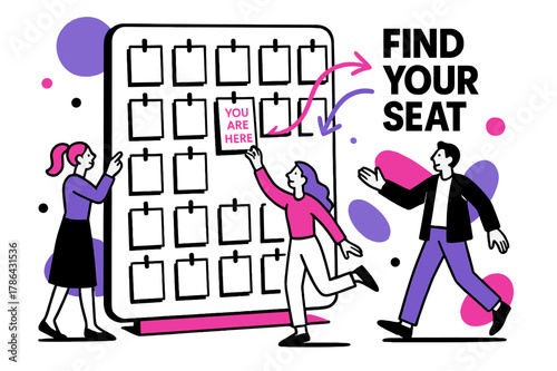 Modern Escort Card Display. Modern Escort Card Display. Cards peg to a minimal board in a playful grid; one card pops out reading ?You Are Here.? Arrows sweep