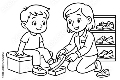 Shoe Fitting Fun. Shoe fitting children?s coloring book illustration, outlined drawing, child trying on shoes