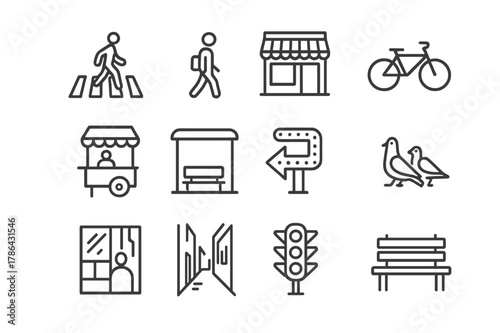 Street Icon Set. Street Photography. Line icon set of Street Photography: crosswalk, passerby, storefront, bicycle, street vendor, bus stop, neon sign,