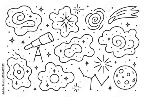 Cosmic Doodle Icons. Nebulae. Hand-drawn doodle illustration nebulae gas clouds, glowing dust, star birth, telescope, spiral pattern, comet, planetary nebula,
