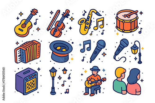 Colorful Music Busker Icons. Music busker. Colorful isometric vector icons set of music busker: guitar, violin, saxophone, drum, accordion, hat for tips,