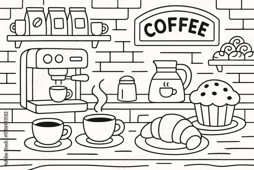 Cozy Cafe Coloring. Coffee shop counter children?s coloring book illustration, outlined drawing, cozy cafe