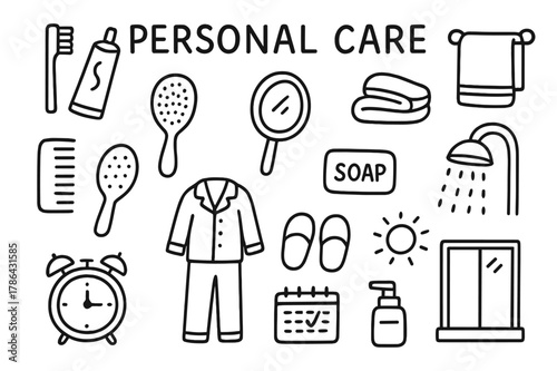 Personal Care Essentials. Personal Care. Hand-drawn doodle illustration Personal Care toothbrush, toothpaste, mirror, towel, comb, hairbrush, soap, shower,