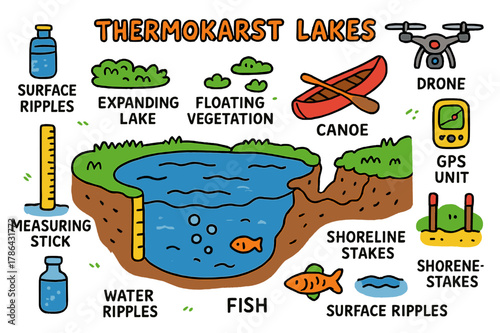 Thermokarst Lake Doodles. Thermokarst lakes. Colorful Hand-drawn doodle Children illustration Thermokarst lakes expanding lake, collapsing shore, floating
