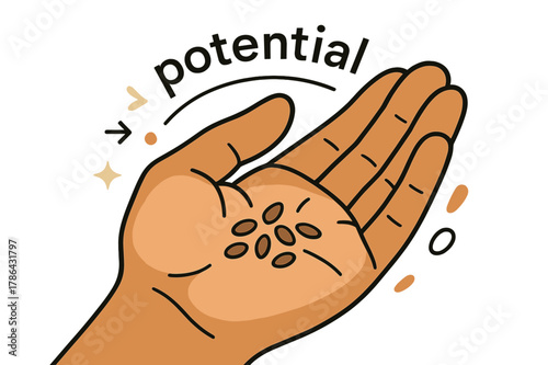 Seeds of Potential. Seeds ? In the Palm. Close-up of fingers holding small seeds under soft light; caption ?potential? whispers along a curved line. Minimal