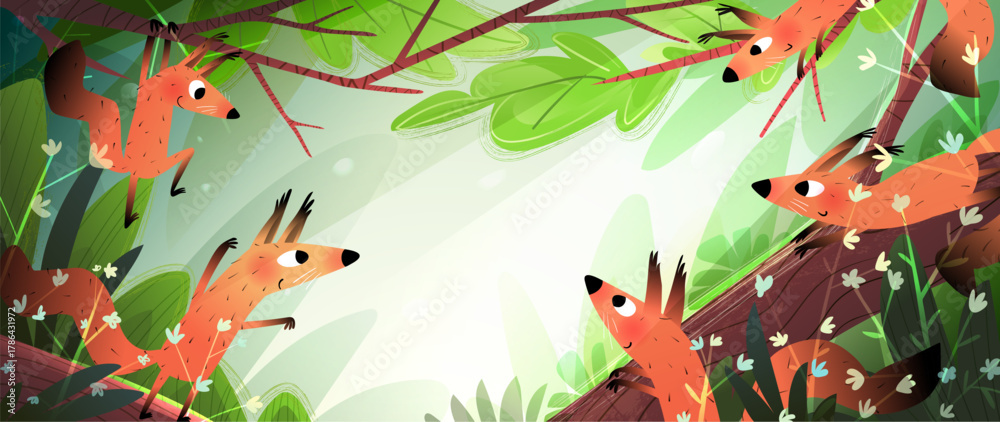 Naklejka premium Funny Squirrels Playing on Tree Branches, Storytelling Scene for Children. Joyful squirrels adventure in the forest with copyspace. Vector wild animals characters in nature cartoon illustration.