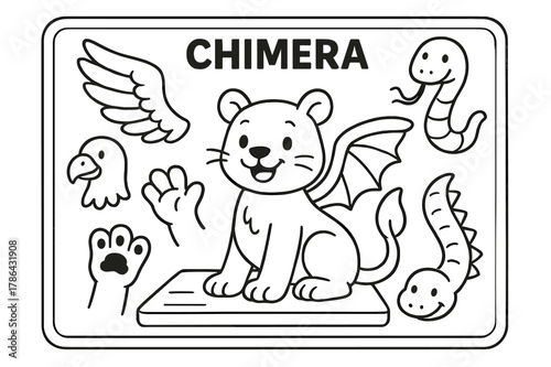 Chimera Coloring Fun. Create your own chimera children?s coloring book illustration, outlined drawing, mix-and-match animal parts like wings, tails, and paws