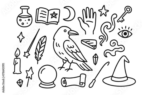 Mystical Raven Icons. Raven and magic. Hand-drawn doodle illustration Raven and magic potion bottle, spell book, candle, wand, crystal ball, feather, scroll,