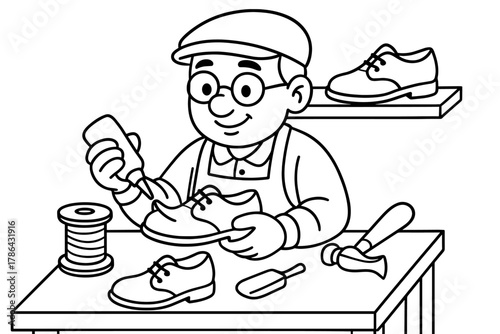 Cobbler Coloring Fun. Shoe maker children?s coloring book illustration, outlined drawing, friendly cobbler
