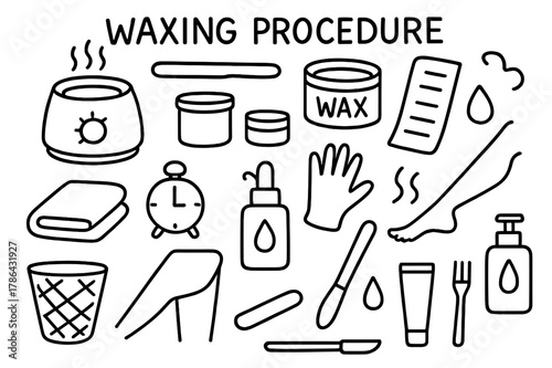 Waxing Essentials Illustration. Waxing procedure. Hand-drawn doodle illustration Waxing procedure wax warmer, stick applicator, wax jar, strip, towel, leg