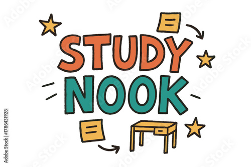 Playful Study Nook. Study Nook ? Doodle / Sketch; playful hand-drawn letters with rough outlines and little arrows; casual offset stacking; colored lettering