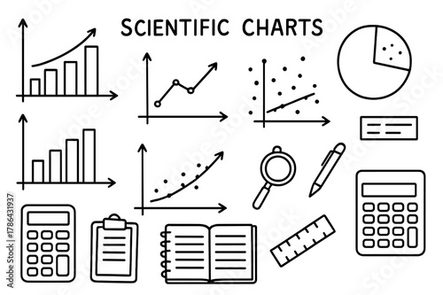 Hand-Drawn Scientific Charts. Scientific Charts. Hand-drawn doodle illustration Scientific Charts bar chart, line graph, pie chart, scatter plot, histogram,