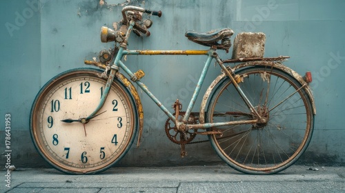Rusty bicycle with a large clock attached stands against a faded wall, showcasing vintage charm and a unique blend of time and transportation