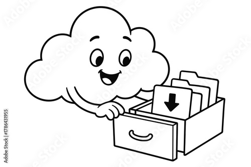 Cheerful Cloud Organizer. Online storage concept children?s coloring book illustration, outlined drawing, a cheerful cloud opening a small drawer full of