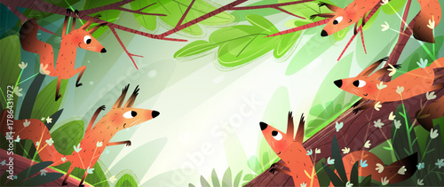 Funny Squirrels Playing on Tree Branches, Storytelling Scene for Children. Joyful squirrels adventure in the forest with copyspace. Vector wild animals characters in nature cartoon illustration.