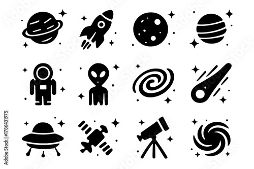 Space Icon Grid. Space Exploration with Planets. Solid icons set of Space Exploration with Planets: planets, rockets, astronauts, aliens, stars, galaxies,