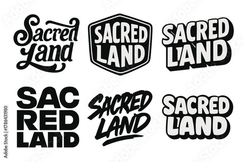 Sacred Land Variations. Sacred Land. Set lettering. harmonious lettering variations of the same emblematic concept (Whimsical curly type with flourishes, Retro