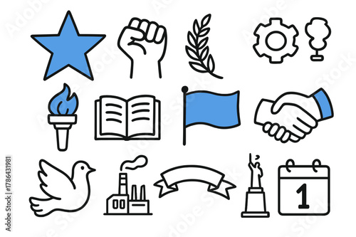 Socialist Era Symbols. // Socialist era symbols. Hand-drawn doodle illustration Socialist era symbols [red star (accented), worker fist (accented), wheat