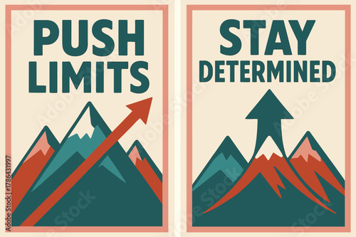 Retro Motivational Banners. Push limits. Two vertical A6 banners with safe margins, centered composition, no elements touching edges, retro, pink and teal,