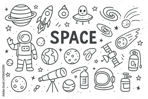 Space Doodle Illustration. Space. Hand-drawn doodle illustration Space planets, stars, rockets, astronauts, aliens, spaceships, galaxies, black holes, comets,