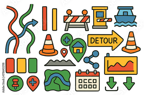 Colorful Traffic Planning. Route planning and traffic. Colorful Hand-drawn doodle Children illustration Route planning and traffic multi-route lines, traffic