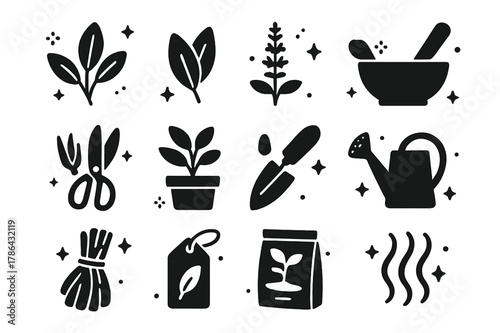 Sage Icon Collection. Sage. Solid icons set of Sage: sage sprig, sage leaves, flowering spike, mortar and pestle, herb scissors, plant pot, garden trowel,