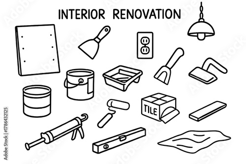 Interior Renovation Doodles. Interior renovation. Hand-drawn doodle illustration interior renovation drywall sheet, putty knife, paint can, roller tray, light